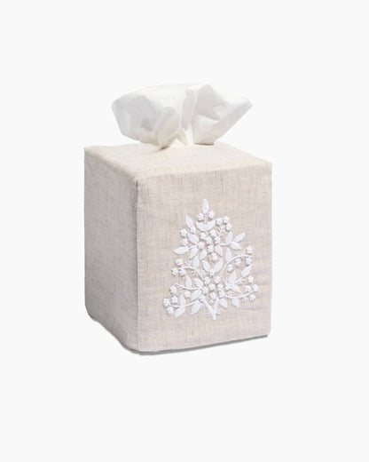 Linen Tissue Box Cover, White on Taupe