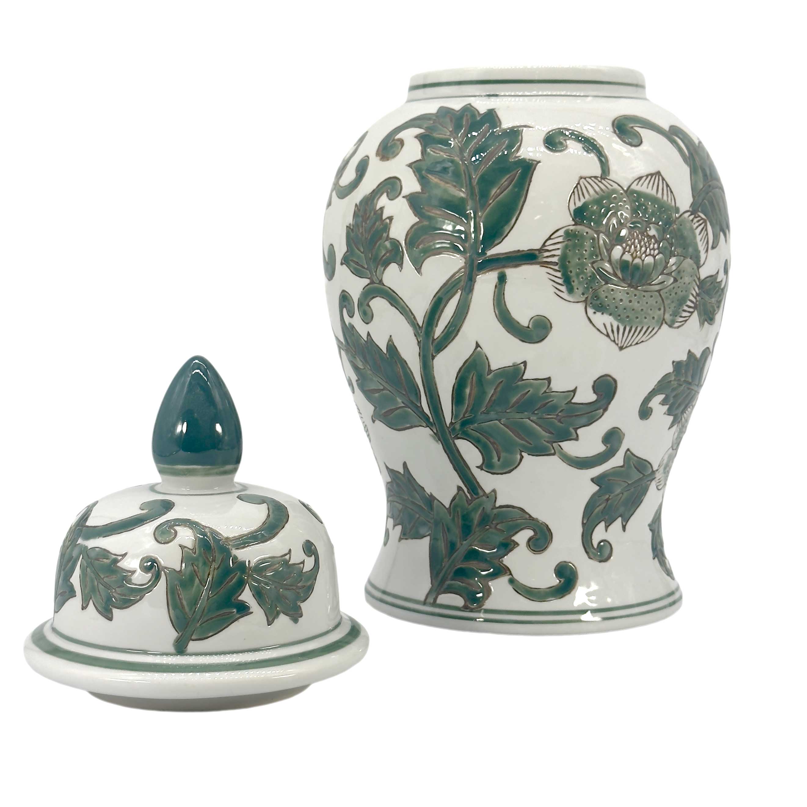 Green & White Chinoiserie Ginger Jar, 14in