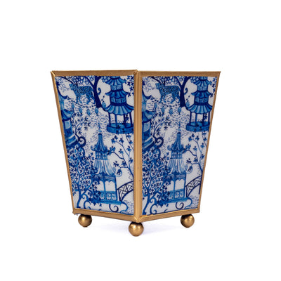 Garden Party Enameled Square Cachepot Planter, White & Blue (6-in)