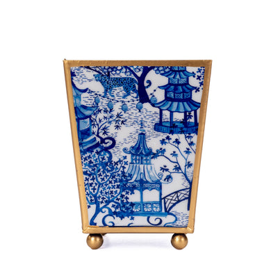 Garden Party Enameled Square Cachepot Planter, White & Blue (6-in)