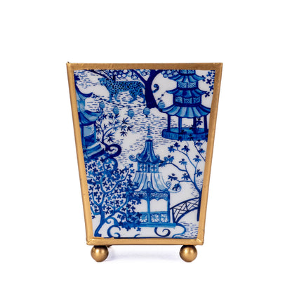 Garden Party Enameled Square Cachepot Planter, White & Blue (6-in)