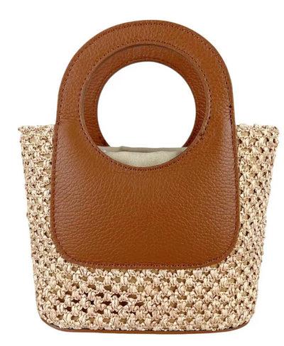 Brown Circular Handles Handbag, Raffia & Leather
