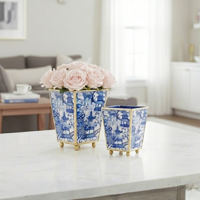 Garden Party Enameled Square Cachepot Planter, White & Blue (6-in)