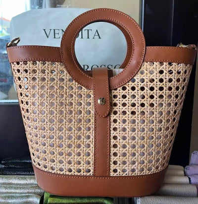 Camel Woven Tote Bag with Round Handle, Leather