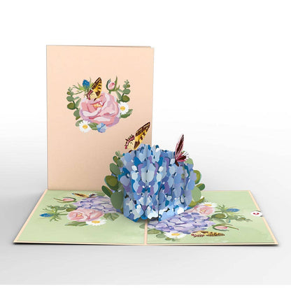 Hydrangea Butterflies Pop-up Card 5in x 7in, Flower Vase, Vintage