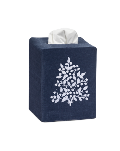 Linen Tissue Box Cover, White on Taupe