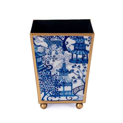 Garden Party Enameled Square Cachepot Planter, White & Blue (6-in)