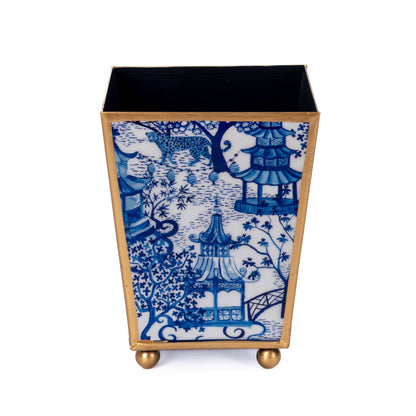 Garden Party Enameled Square Cachepot Planter, White & Blue (6-in)