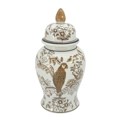 Brown & White Parrot Chinoiserie Ginger Jar, 14in