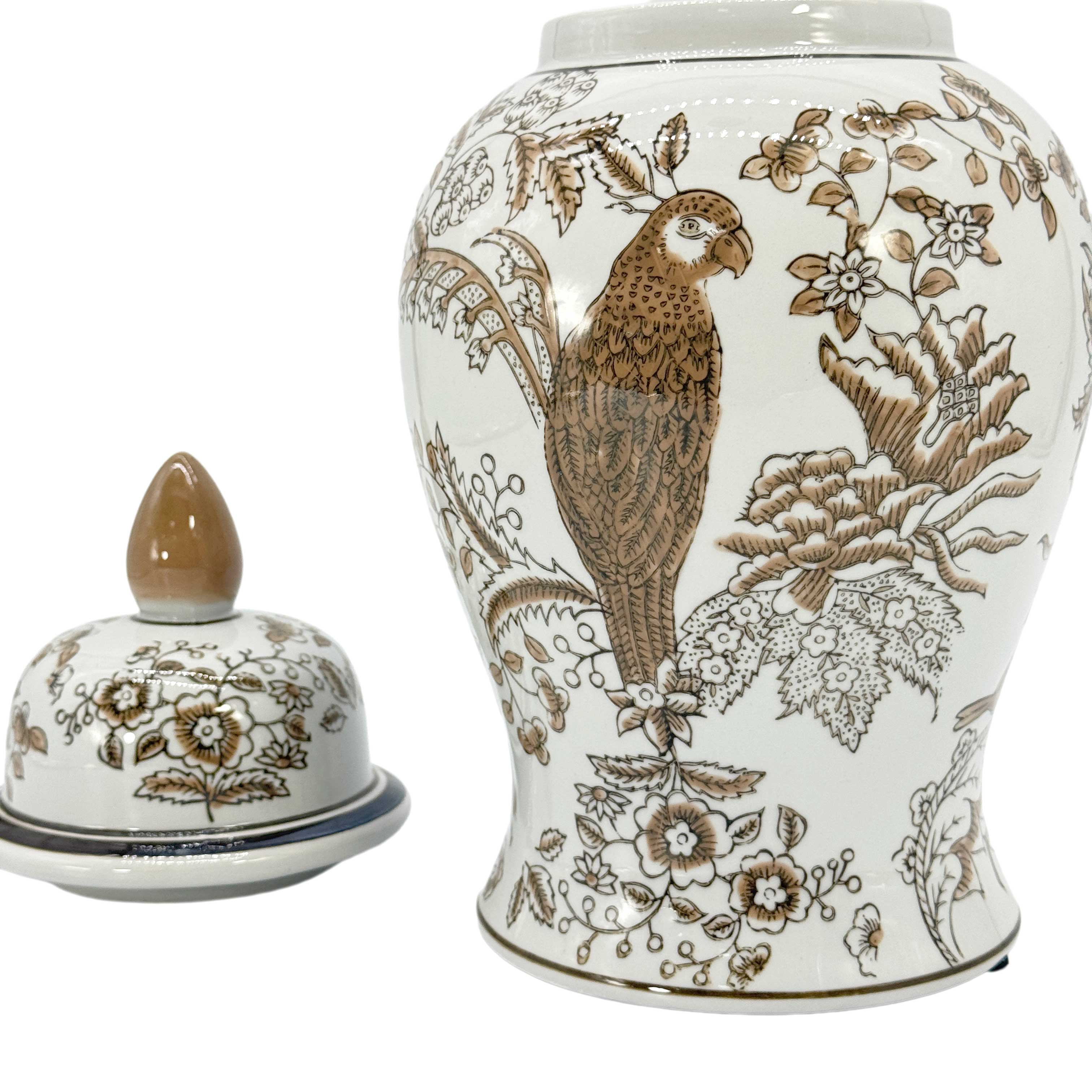 Brown & White Parrot Chinoiserie Ginger Jar, 14in