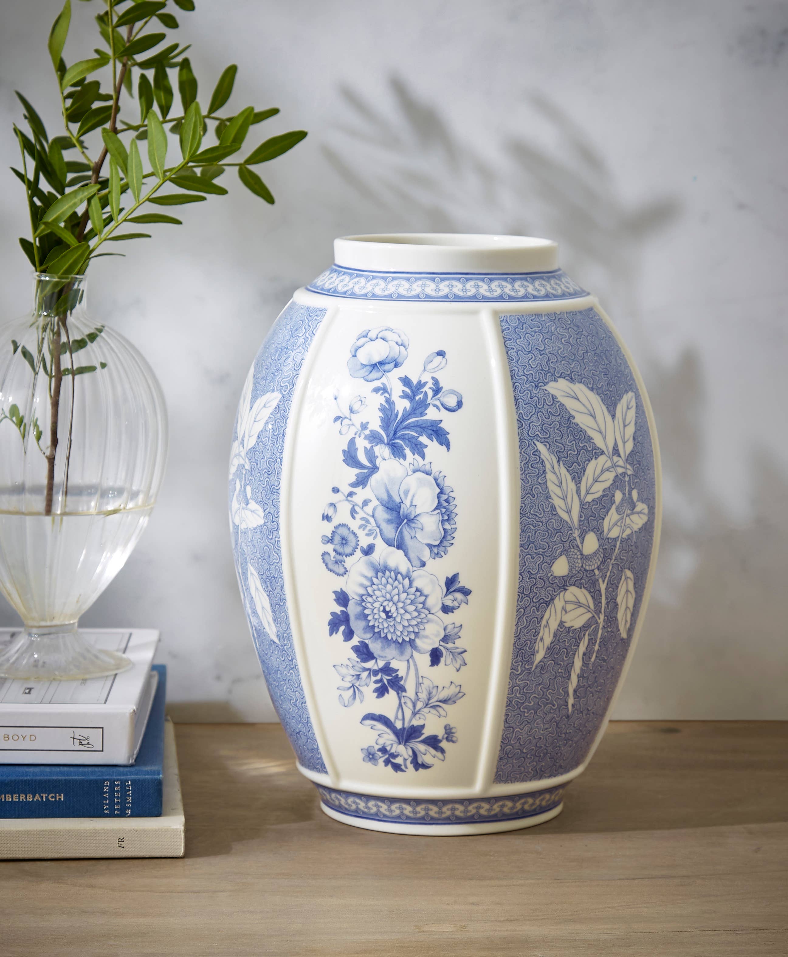 Blue Italian Vase, British Flowers - Spode (10in)