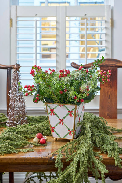 Cachepot, Bow Trellis Enameled Square Planter, Red & Green - Jaye's Studio (6in)