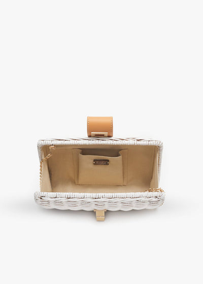 White, Lou Wicker Clutch Bag with Gold Toned Turn Lock - Kayu