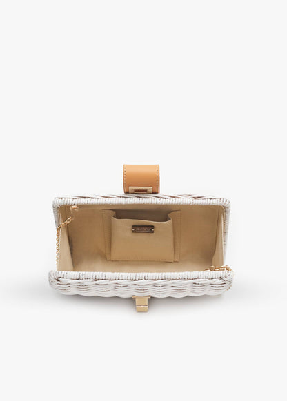 White, Lou Wicker Clutch Bag with Gold Toned Turn Lock - Kayu