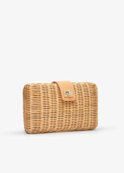 White, Lou Wicker Clutch Bag with Gold Toned Turn Lock - Kayu