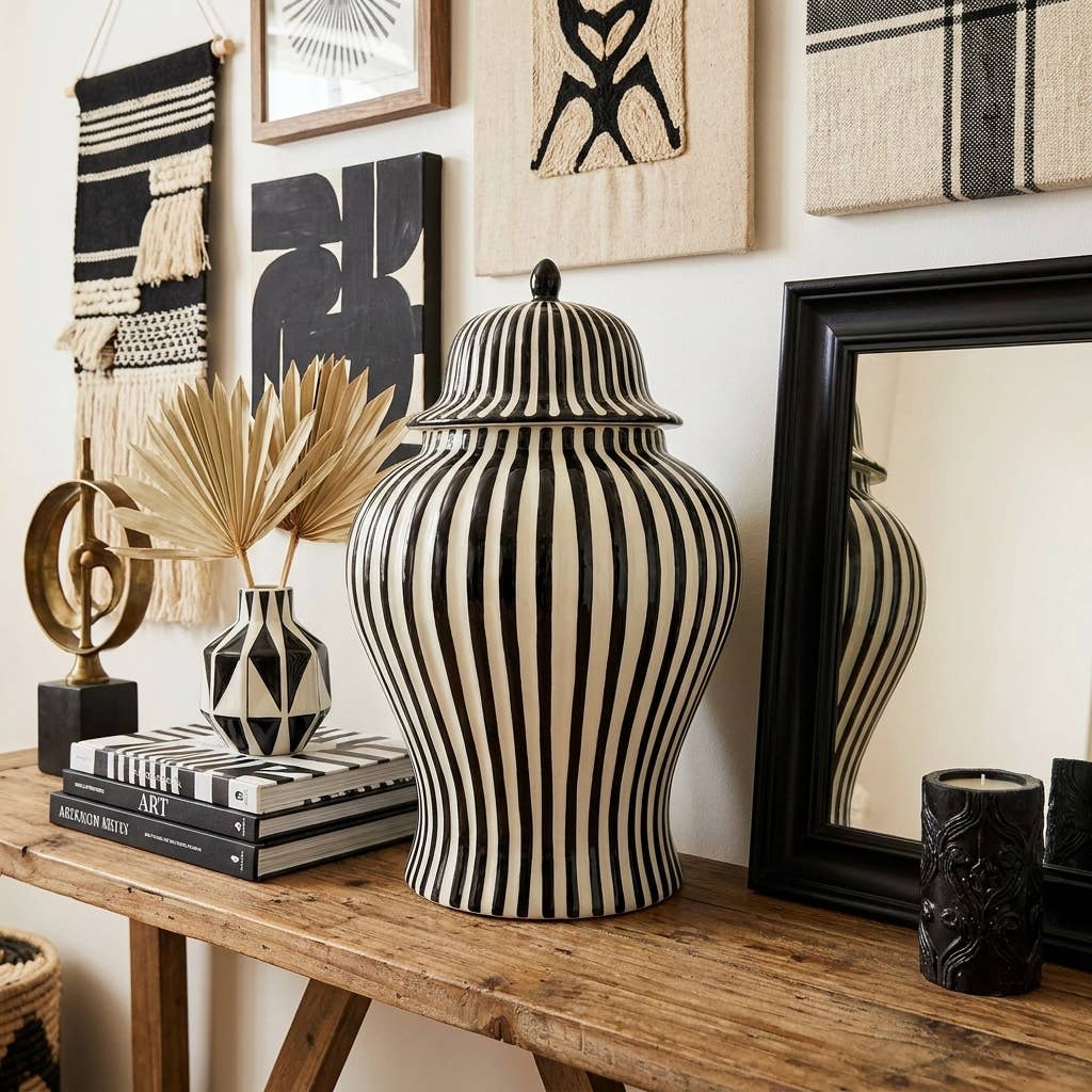Black & White Candy Cane Striped Ceramic Vase, 18in