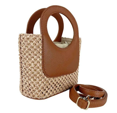 Brown Circular Handles Handbag, Raffia & Leather