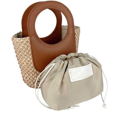 Brown Circular Handles Handbag, Raffia & Leather
