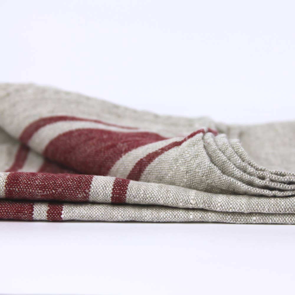 Grey & Bordeaux Striped Linen Hand Towel, Stonewashed