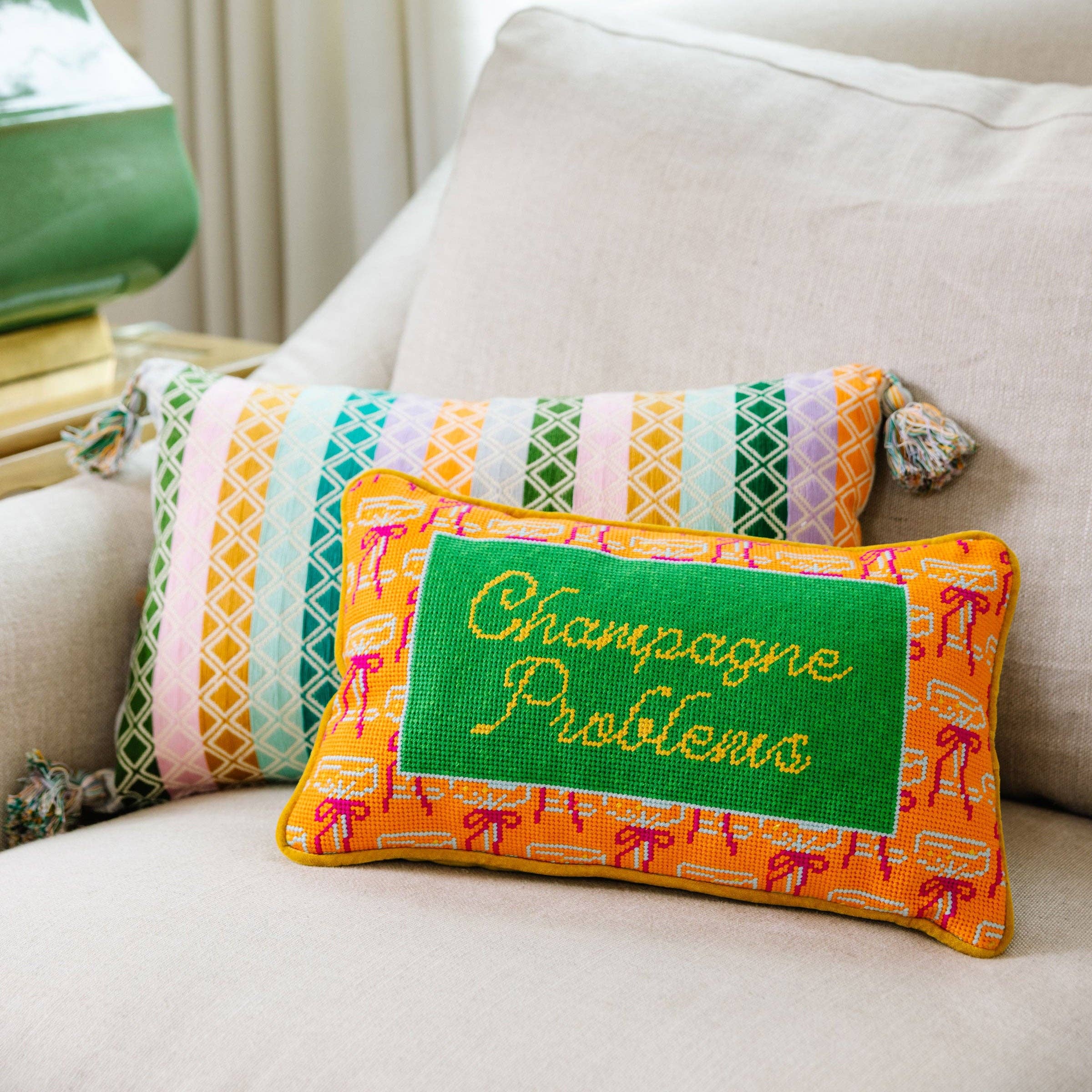 Champagne Problems Needlepoint Pillow - Furbish Studio