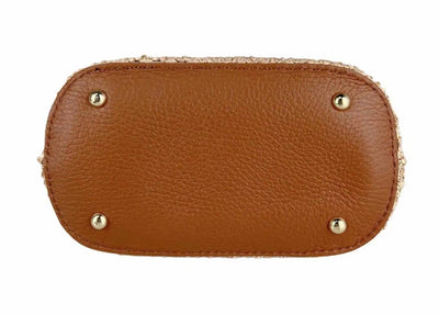 Brown Circular Handles Handbag, Raffia & Leather