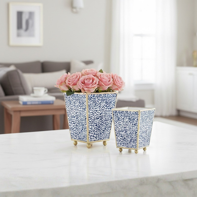 Shagreen Enameled Square Cachepot Planter, Blue & White (6-in)