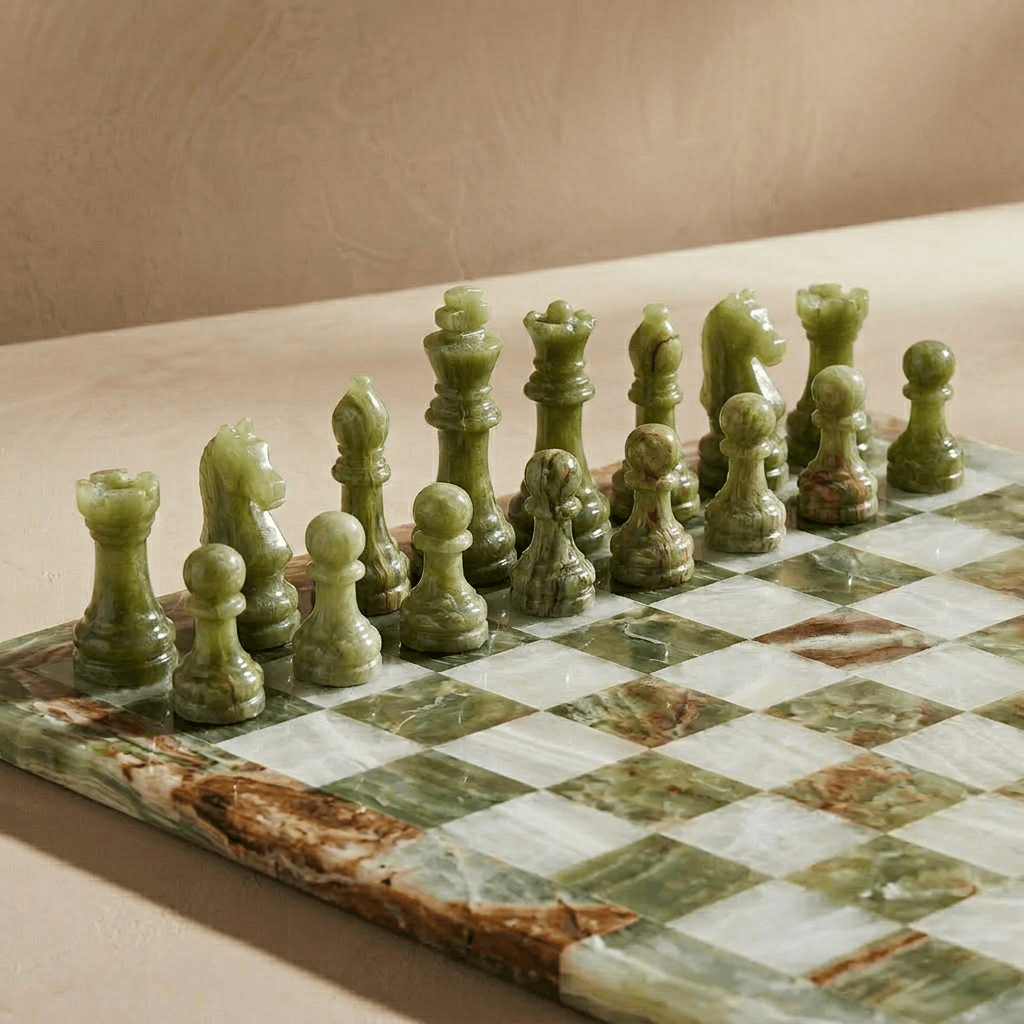 Marble Chess Set Green Onyx & White, 16in (with Storage Case)