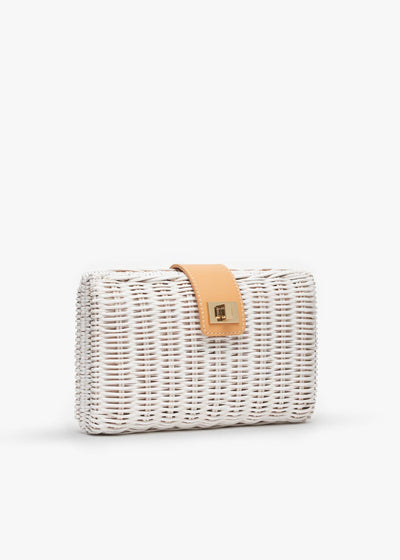 White, Lou Wicker Clutch Bag with Gold Toned Turn Lock - Kayu