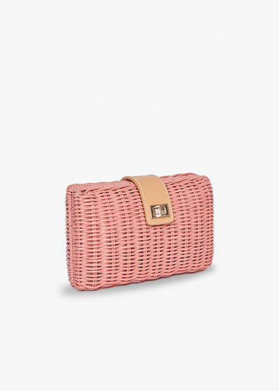 Lou Wicker Clutch with Gold Toned Turn Lock, Pink - Kayu