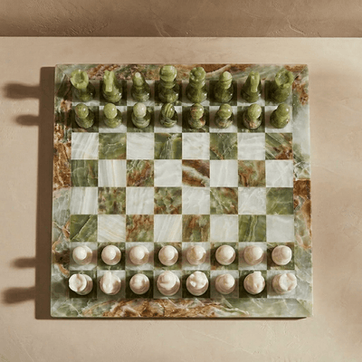 Marble Chess Set Green Onyx & White, 16in (with Storage Case)