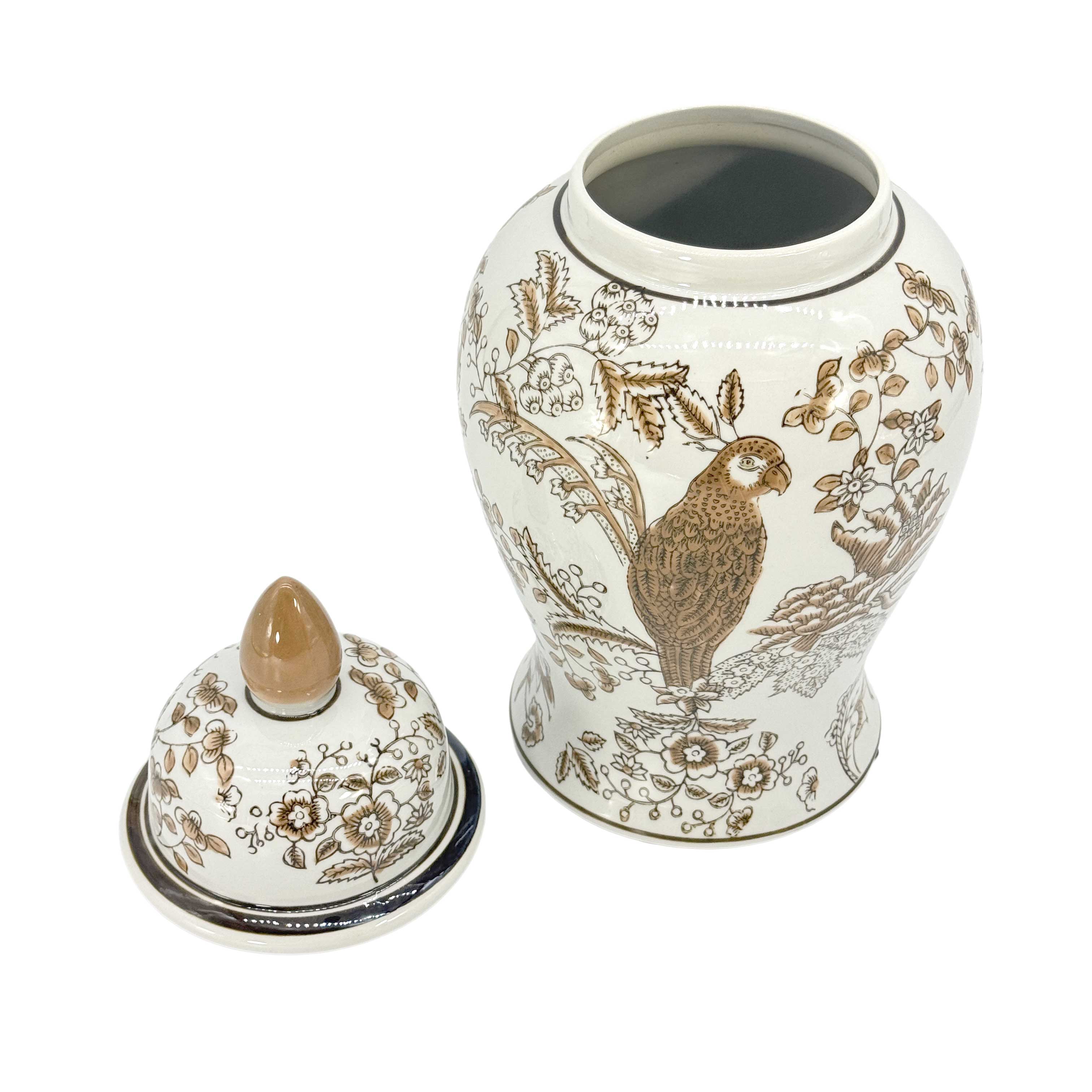 Brown & White Parrot Chinoiserie Ginger Jar, 14in