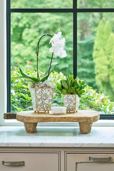 Elsie's Garden Enameled Square Cachepot Planter, Blue & Pink (6-in)