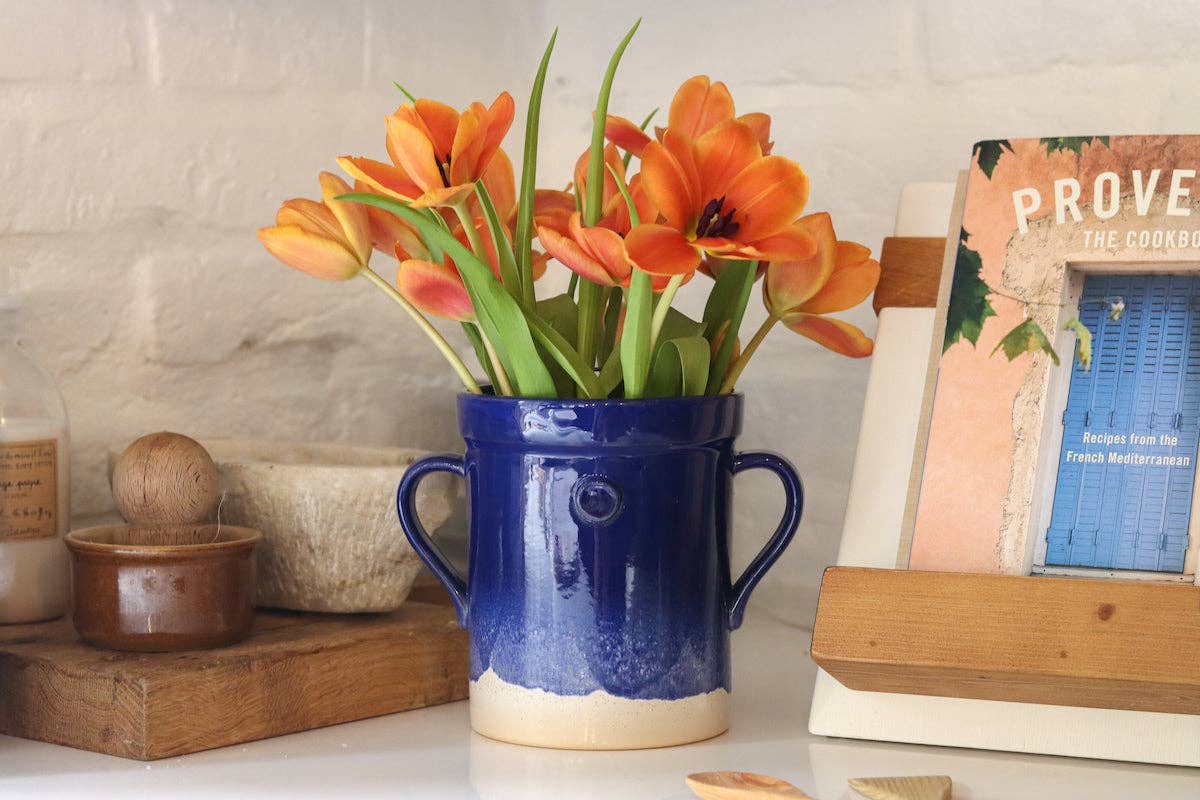 S Blue Artisanal Handthrown Ceramic Utensil Crock with Handles