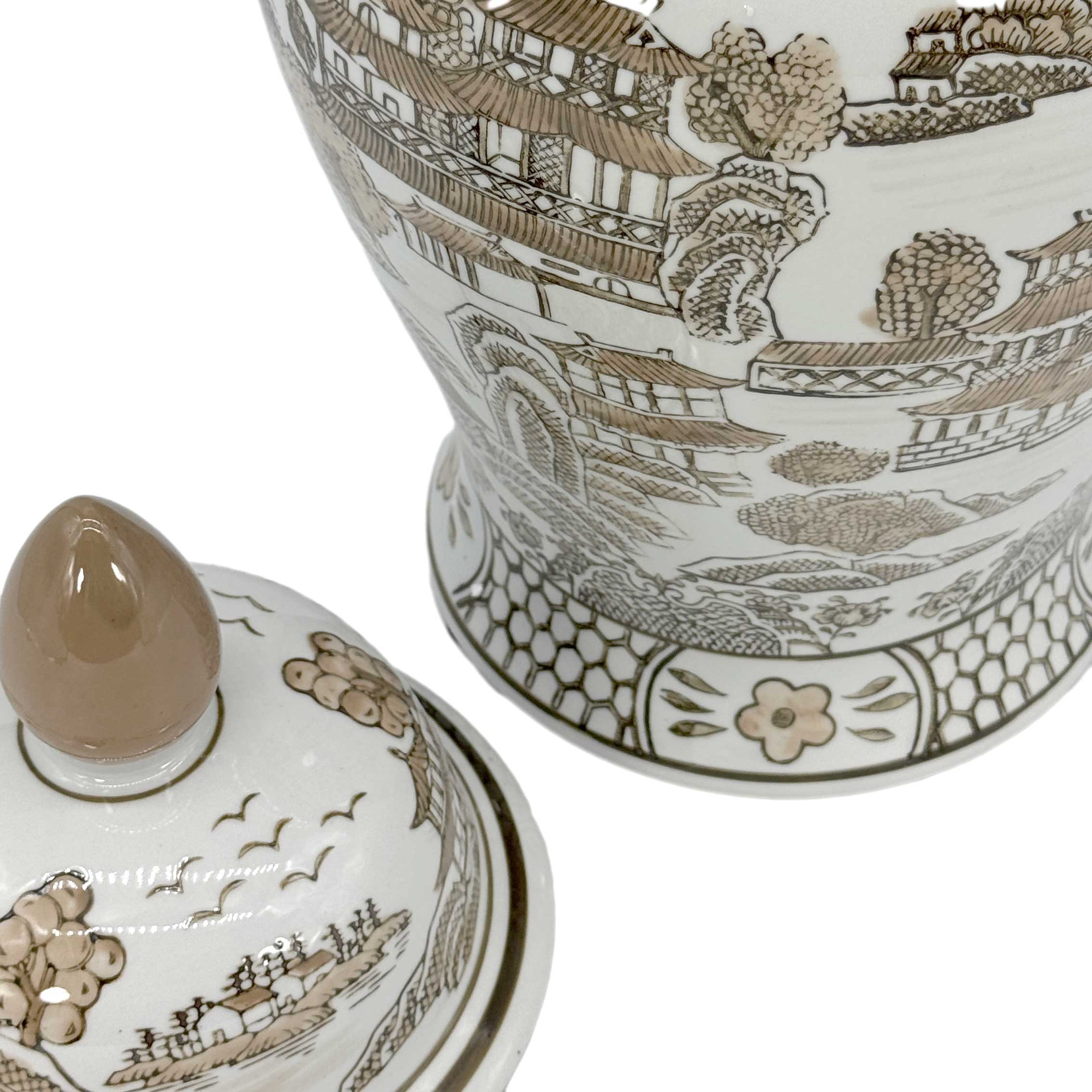 Brown & White Chinoiserie Ginger Jar, 18in