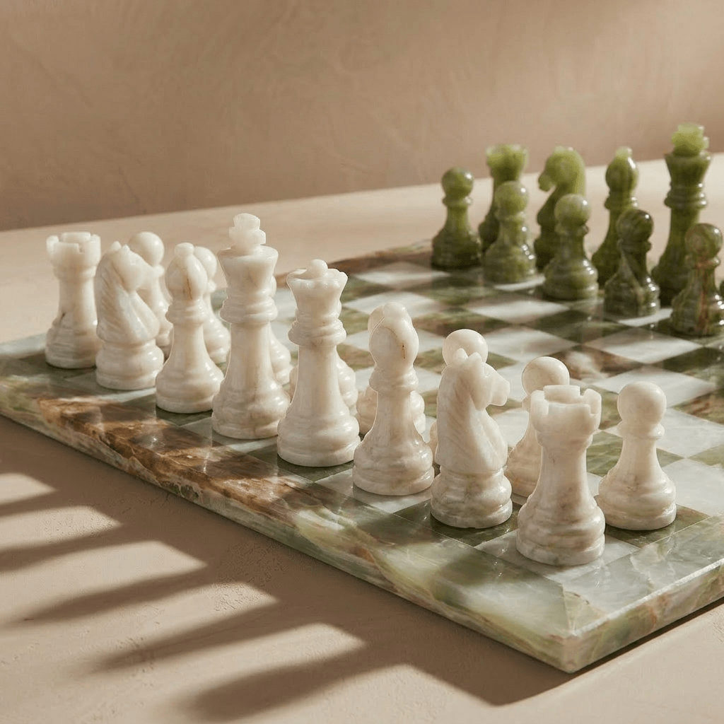 Marble Chess Set Green Onyx & White, 16in (with Storage Case)
