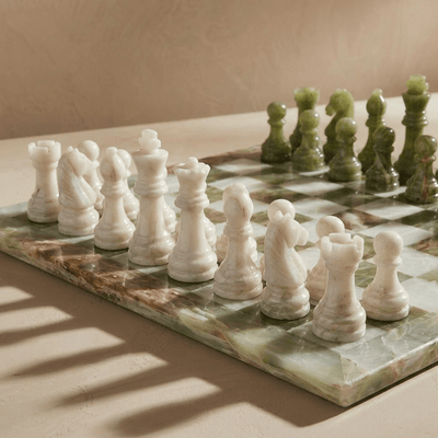 Marble Chess Set Green Onyx & White, 16in (with Storage Case)