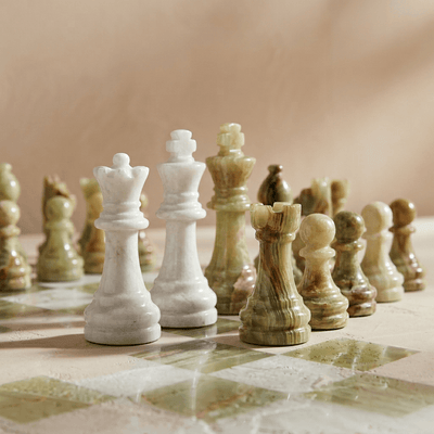 Marble Chess Set, White & Green Onyx, 16in (with Storage Case)