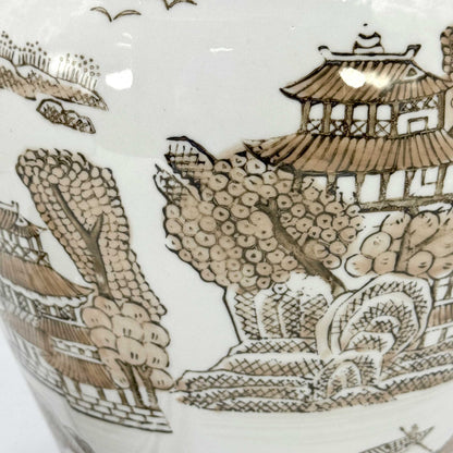 Brown & White Chinoiserie Ginger Jar, 18in