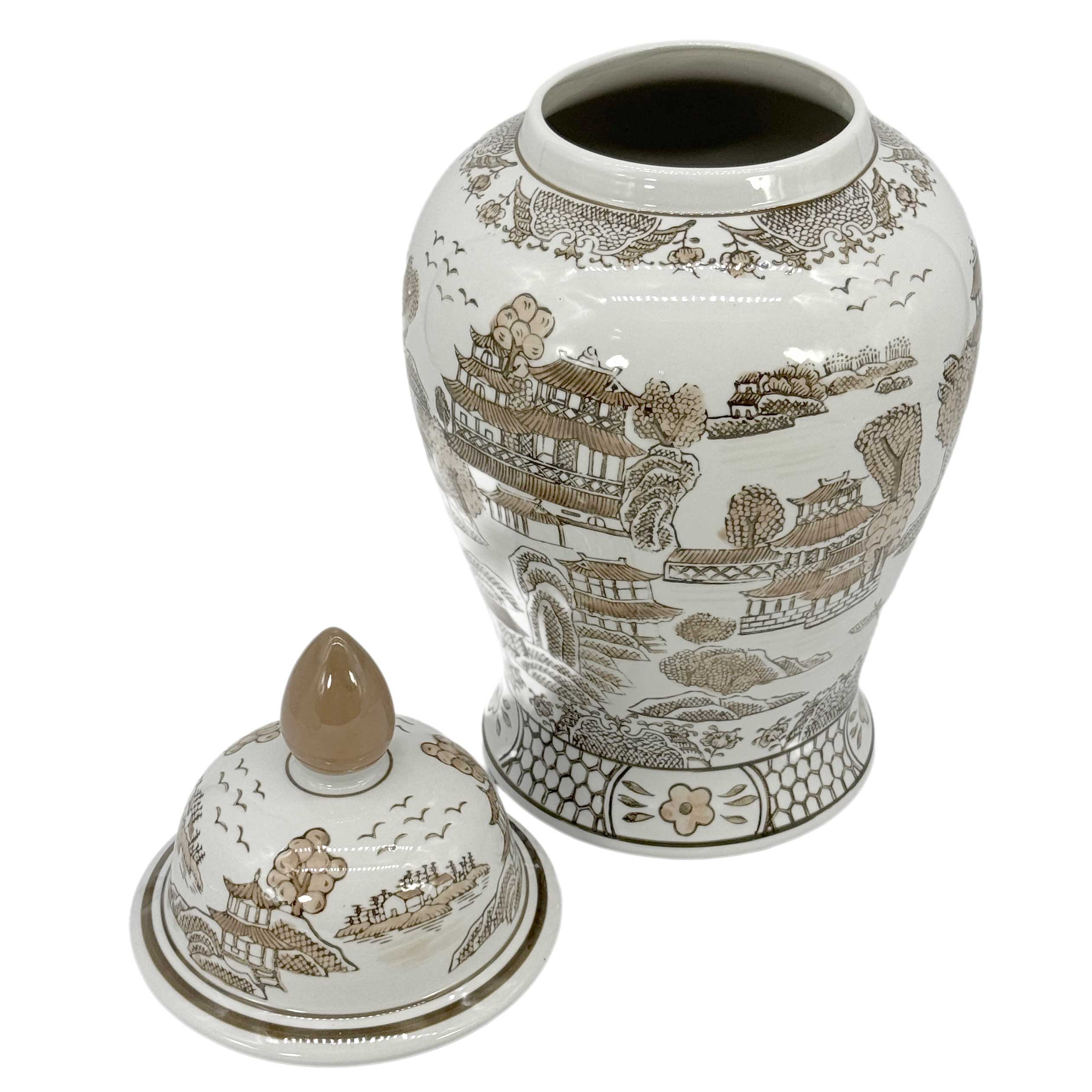 Brown & White Chinoiserie Ginger Jar, 18in