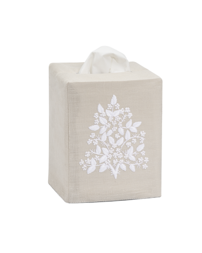 Linen Tissue Box Cover, White on Taupe