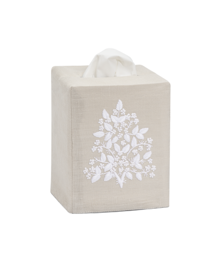 Linen Tissue Box Cover, White on Taupe