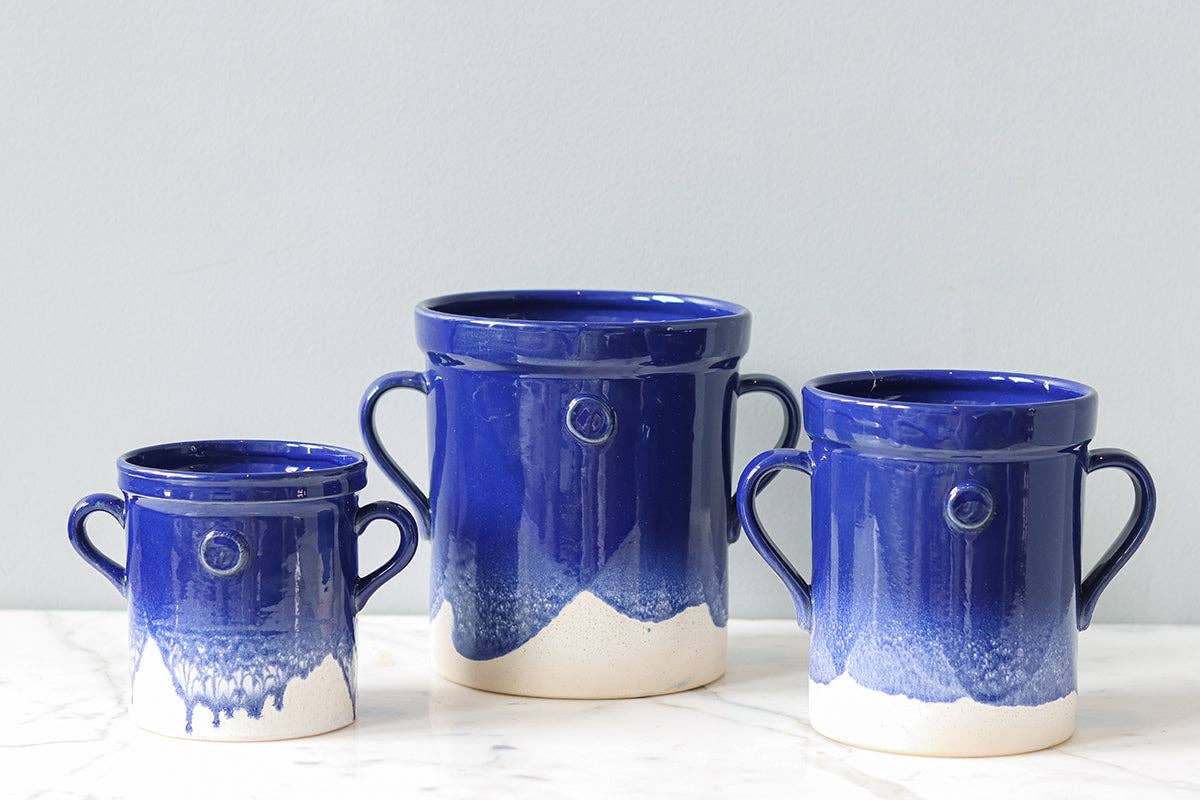 S Blue Artisanal Handthrown Ceramic Utensil Crock with Handles