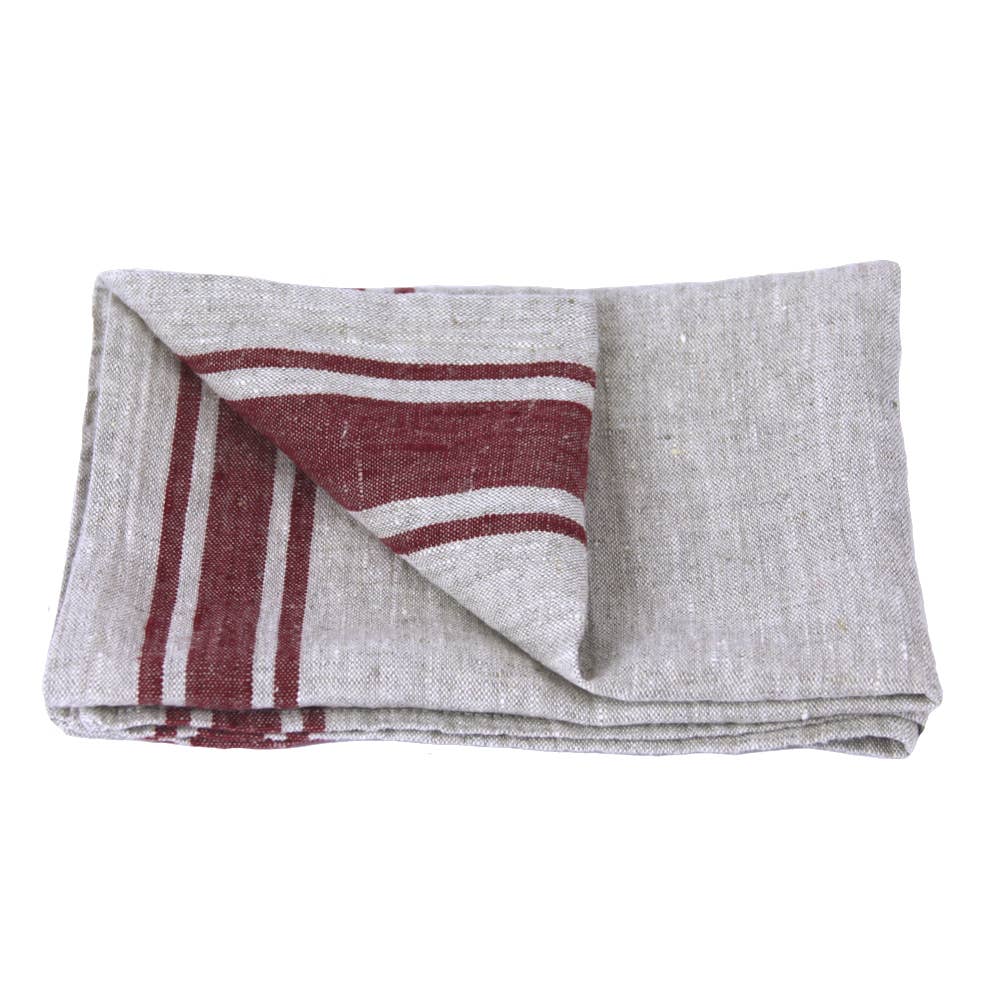 Grey & Bordeaux Striped Linen Hand Towel, Stonewashed