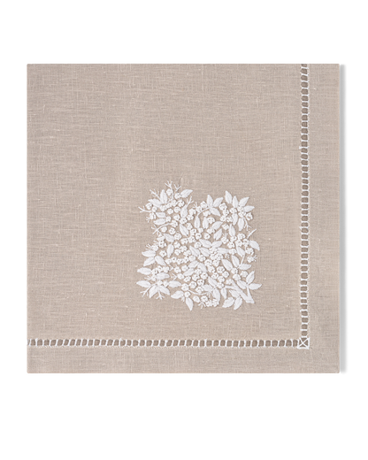Linen Dinner Napkin, White on Taupe