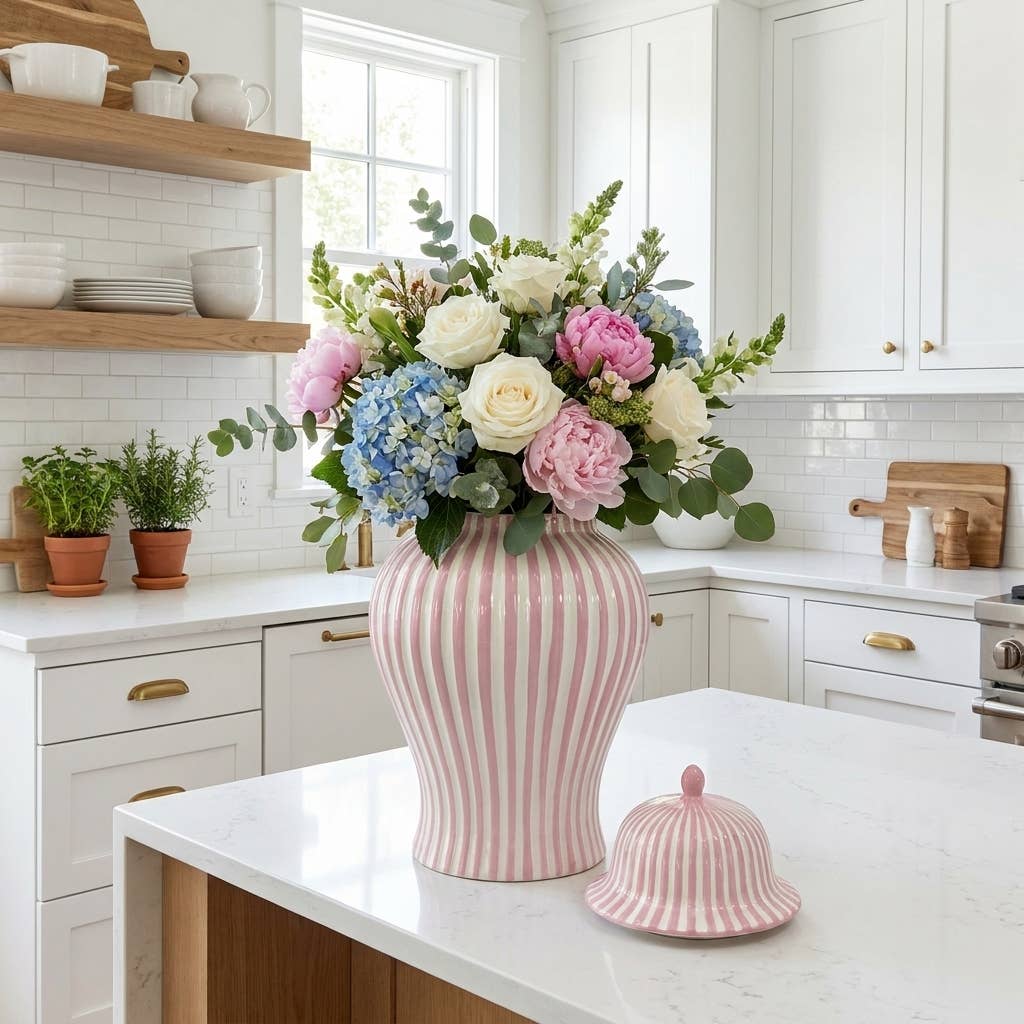 Pink & White Candy Cane Striped Ceramic Vase 18in