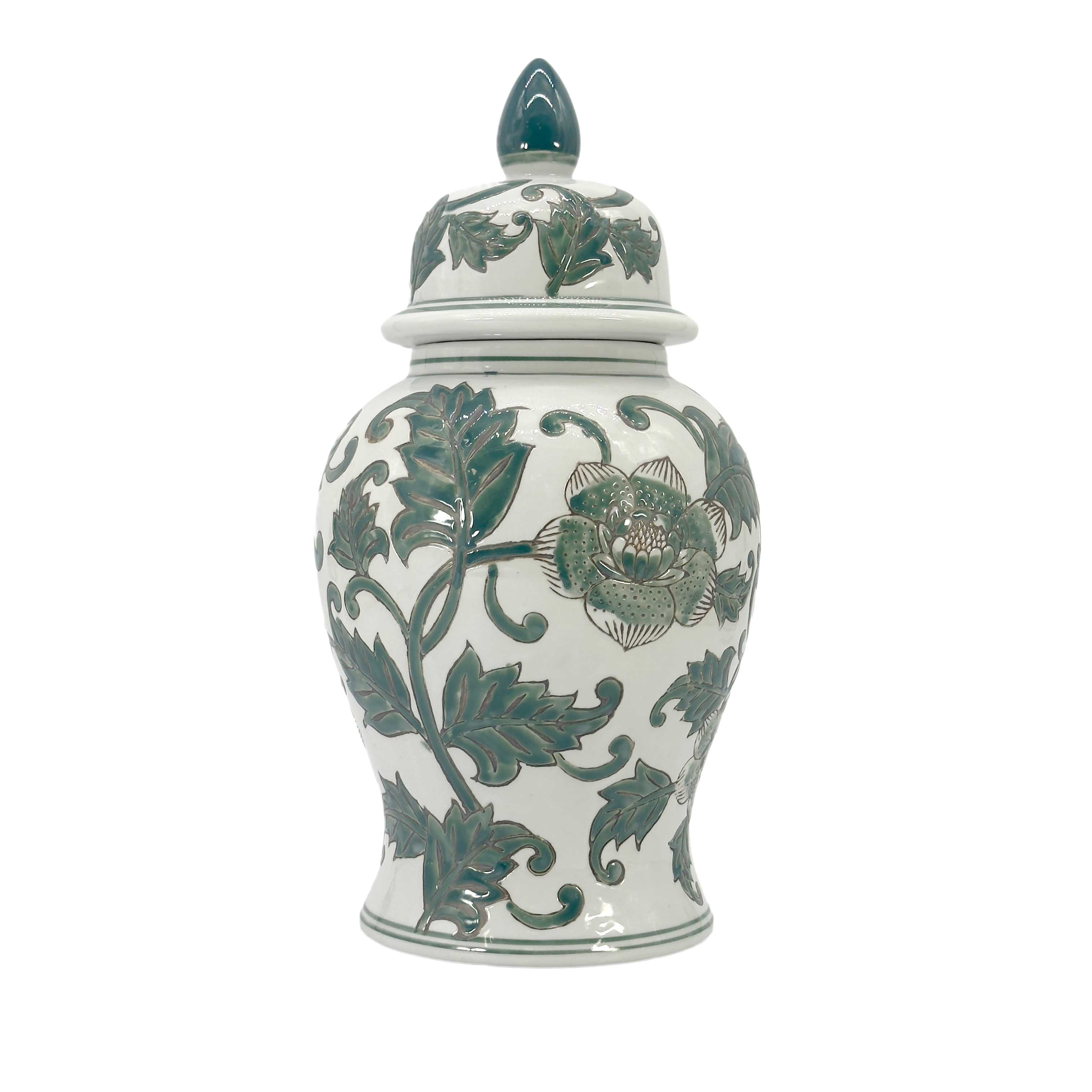 Green & White Chinoiserie Ginger Jar, 14in