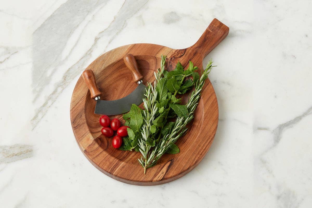 Italian Cutting Board Bowl with Mezzaluna Set, Large