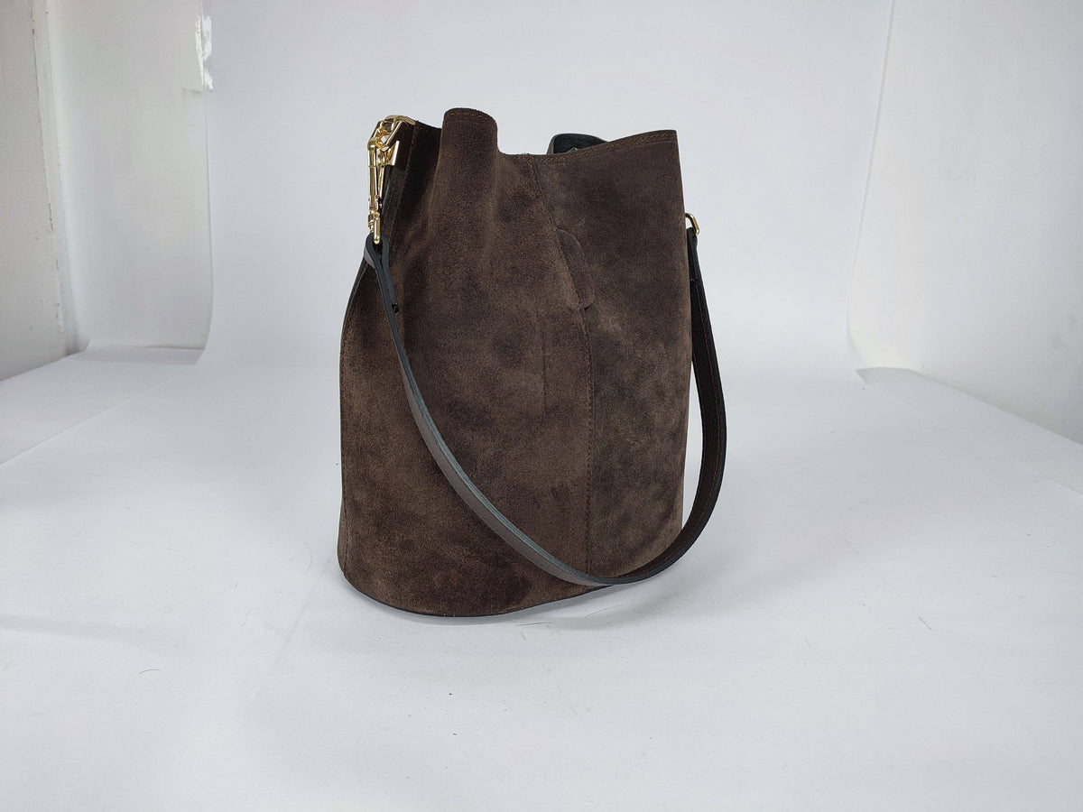 Dark Brown Suede Bucket Bag - Jijou Capri