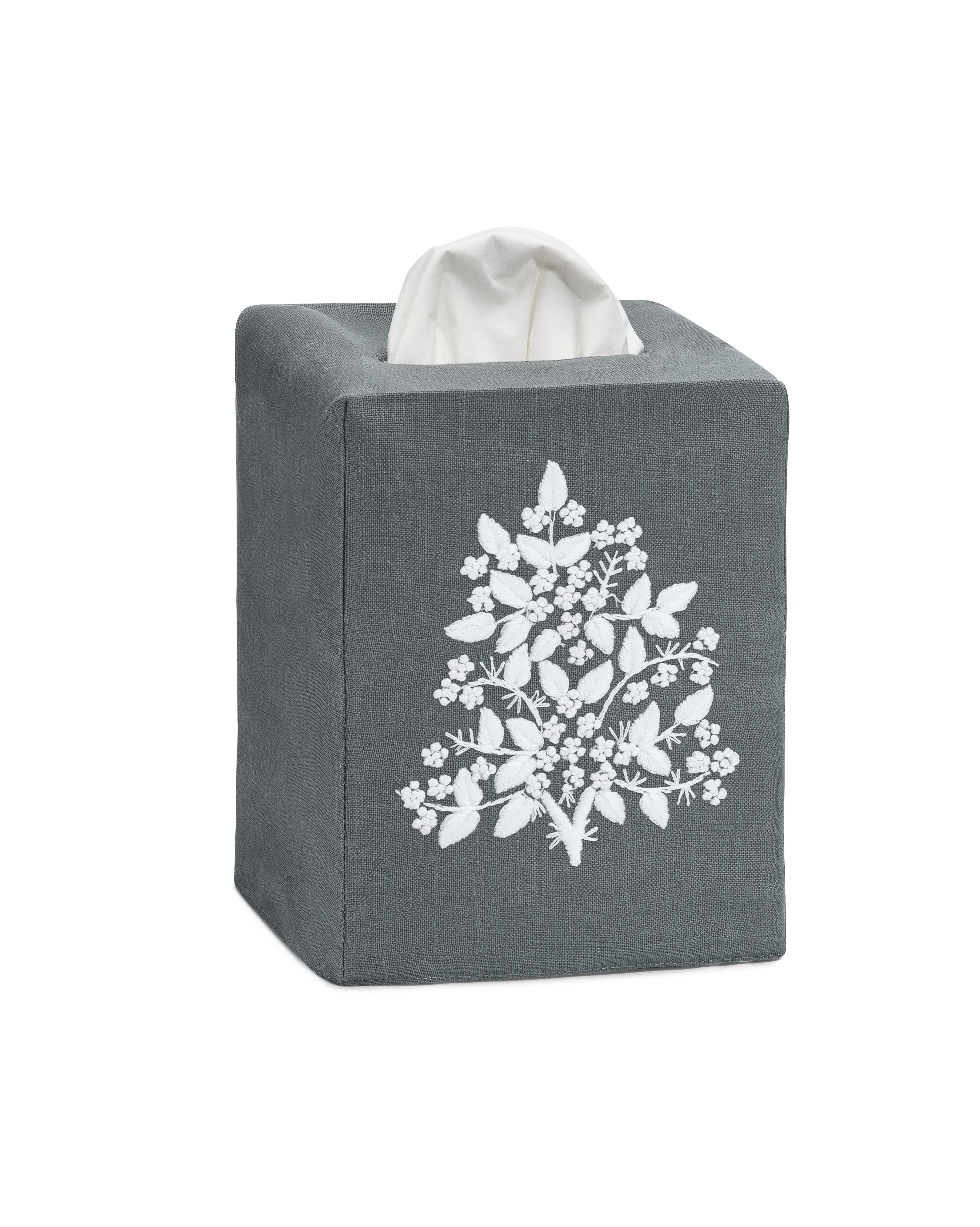 Linen Tissue Box Cover, White on Taupe