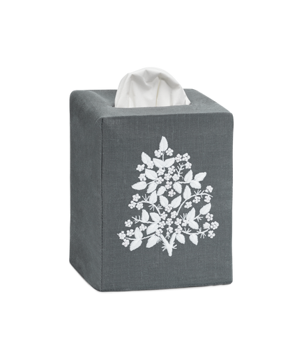 Linen Tissue Box Cover, White on Taupe